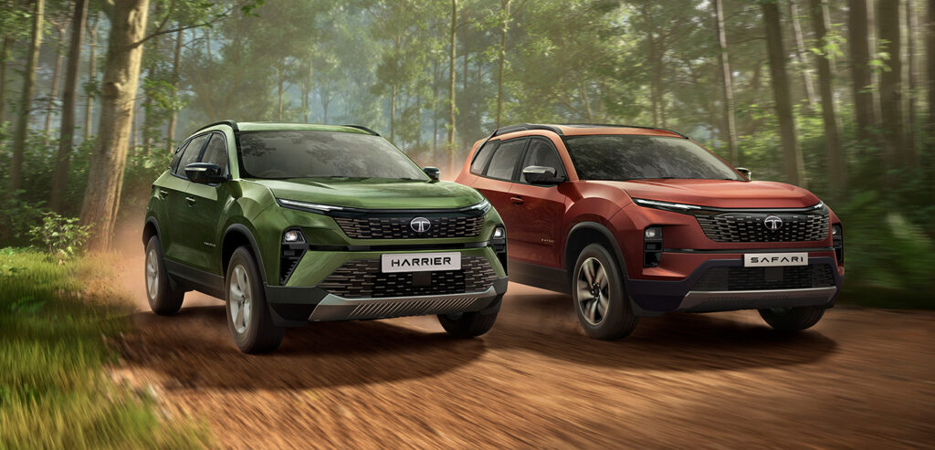  Tata Harrier and Safari Adventure X Launch – official image showing both SUVs with key features like ADAS, 360° surround view, and new Adventure X Persona design.