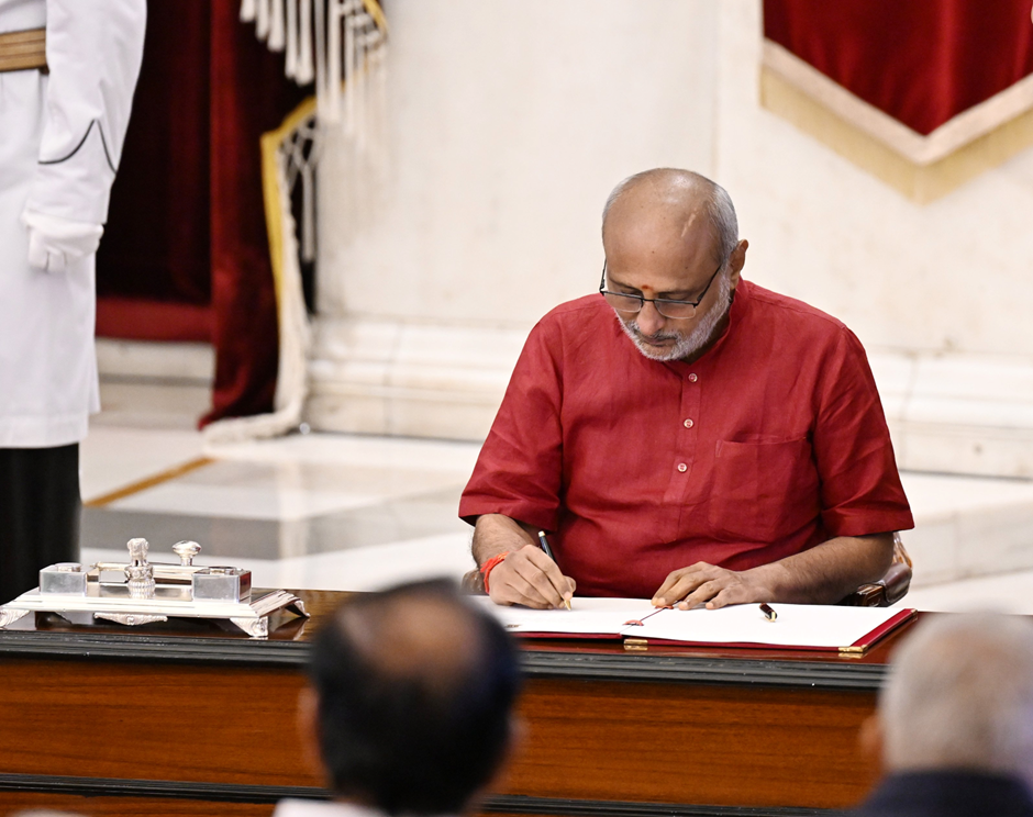 C. P. Radhakrishnan Vice President of India taking oath as the 15th Vice-President at Rashtrapati Bhavan on September 12, 2025, administered by President Droupadi Murmu.