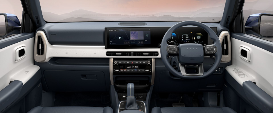 2025 Hyundai Venue interior with dual 12.3-inch displays, dual-tone leatherette cabin and premium dashboard